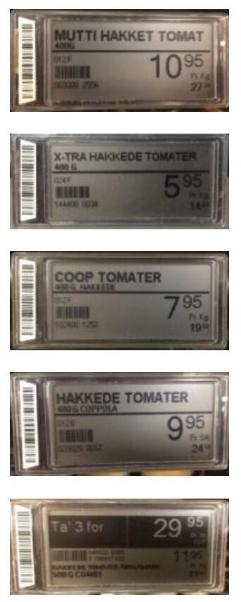 Prisskilte med priser på hakkede tomater